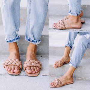 NEW Camel Tan Puffy Braided Faux Leather Square Toe Slip Slide On Flat Sandals